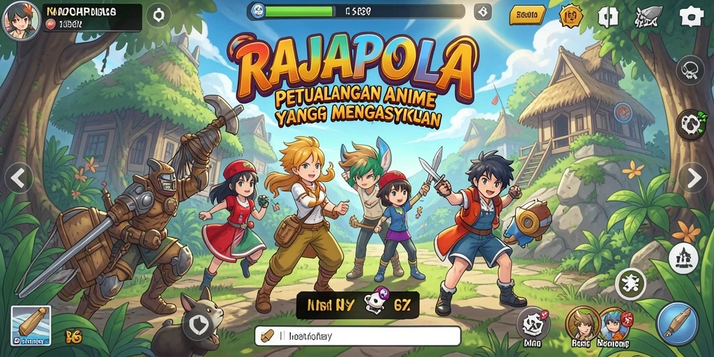 Screenshot utama RAJAPOLA menampilkan karakter anime beraksi dalam pertarungan epik.